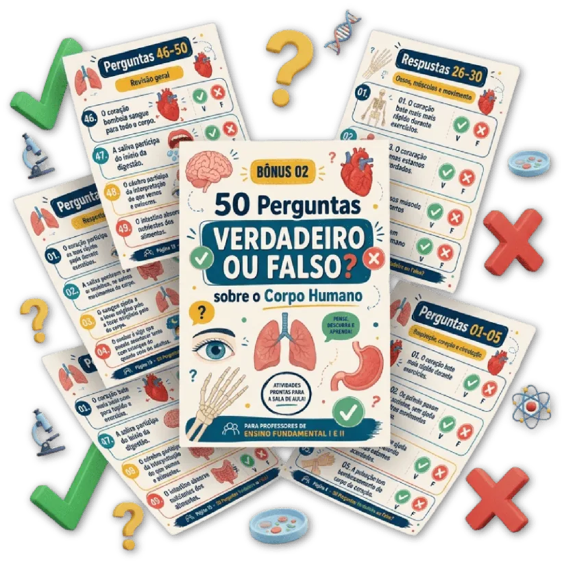 Mockup do Bônus 02 — 50 Perguntas Verdadeiro ou Falso sobre o Corpo Humano