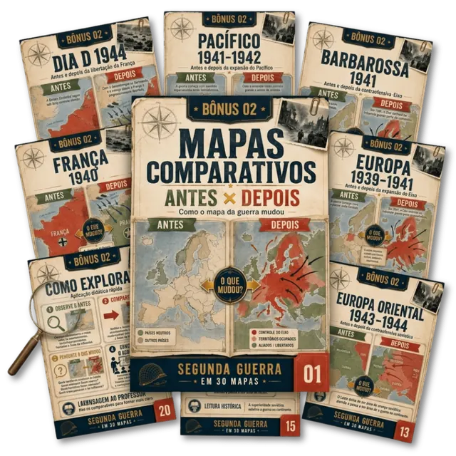 Mockup do Bônus 02 — 15 Mapas Comparativos Antes x Depois