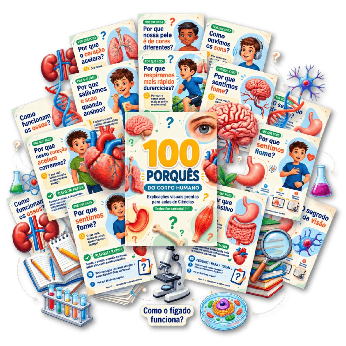 100 Porquês do Corpo Humano — produto principal com as 8 categorias de curiosidades